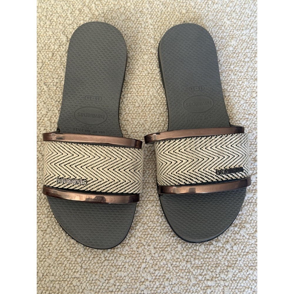 Havaianas You Saint Tropez Mesh Slides Gray Cream Zigzag Sandals Womens 6W 37/38